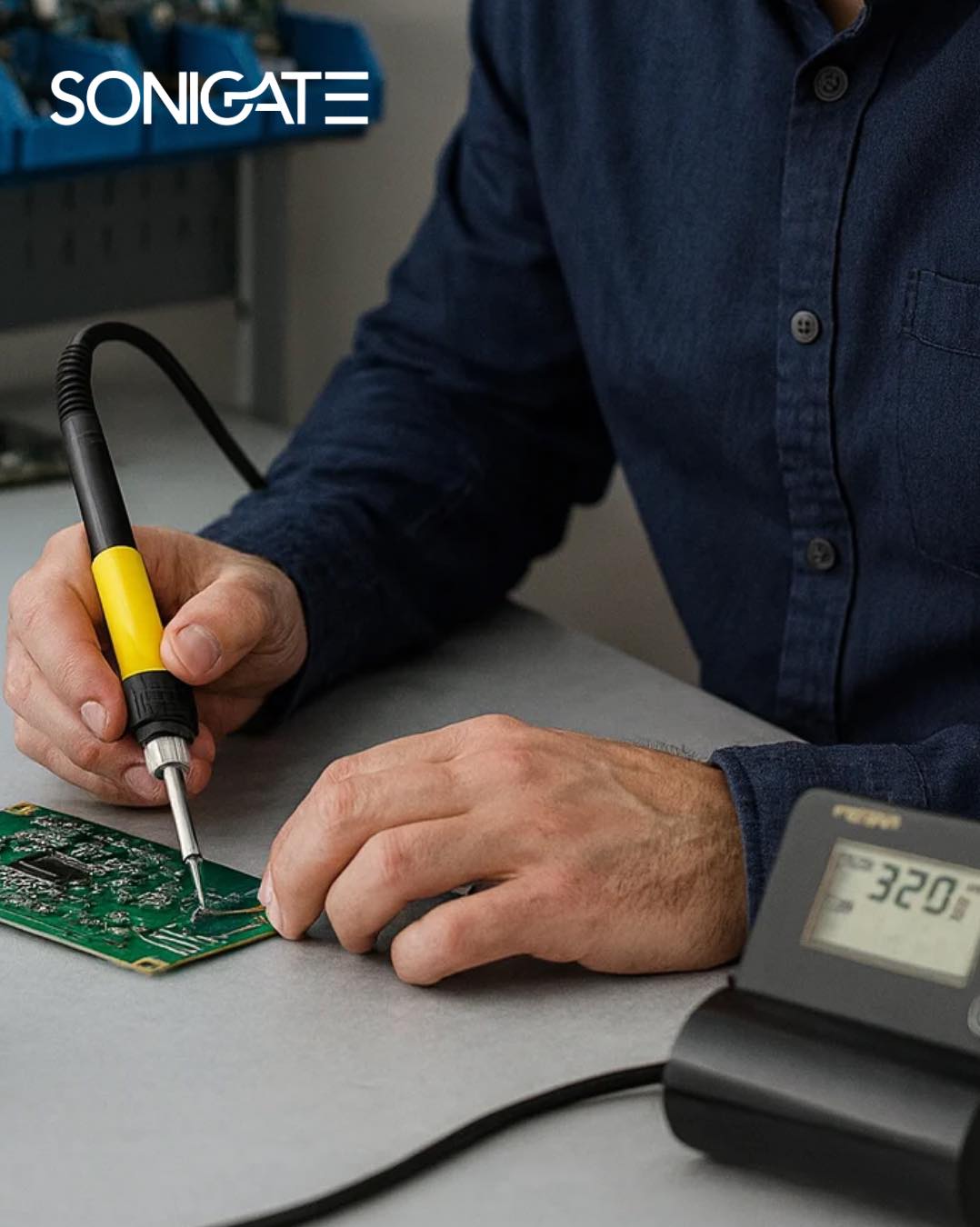 Estação de soldar digital DAXIS 60W com controlo preciso de temperatura. Ideal para electrónica, manutenção e reparação profissional.