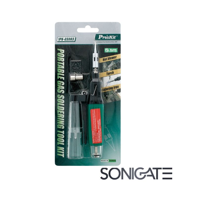 Ferro de soldar a gás Pro’sKit 8PK-101-2 com temperatura regulável 210–400 °C. Ideal para soldadura portátil e trabalhos no terreno.