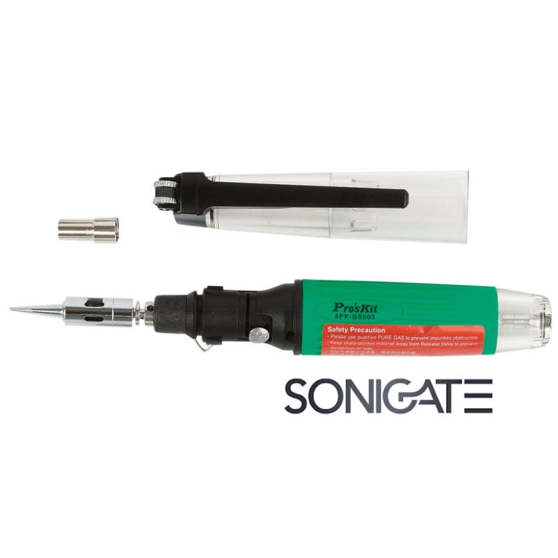 Ferro de soldar a gás Pro’sKit 8PK-101-2 com temperatura regulável 210–400 °C. Ideal para soldadura portátil e trabalhos no terreno.