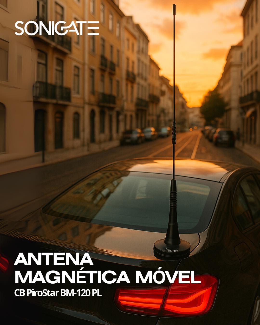Antena CB móvel com base magnética BM-120 PL e conector PL-259, para comunicação em 27 MHz. Instalação rápida em veículos, compatível com rádios CB padrão.