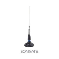 Antena CB móvel com base magnética BM-120 PL e conector PL-259, para comunicação em 27 MHz. Instalação rápida em veículos, compatível com rádios CB padrão.