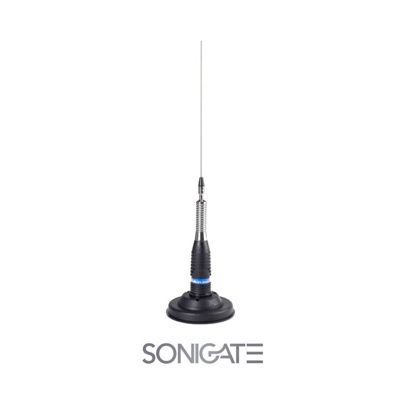 Antena CB móvel com base magnética BM-120 PL e conector PL-259, para comunicação em 27 MHz. Instalação rápida em veículos, compatível com rádios CB padrão.