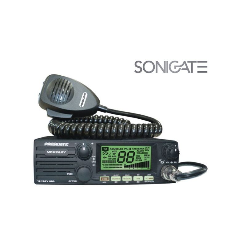 Rádio CB President McKINLEY 27 MHz com modulação AM/FM, interface simples e compatibilidade com acessórios padrão. Ideal para comunicações em veículos e estações fixas.