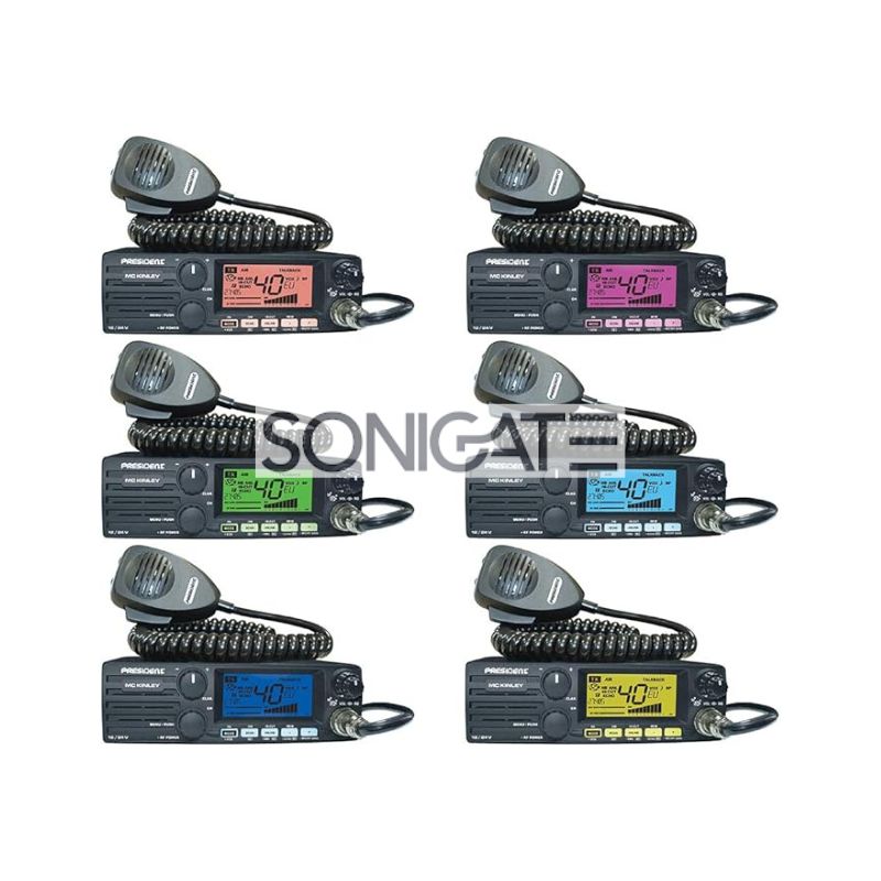 Rádio CB President McKINLEY 27 MHz com modulação AM/FM, interface simples e compatibilidade com acessórios padrão. Ideal para comunicações em veículos e estações fixas.
