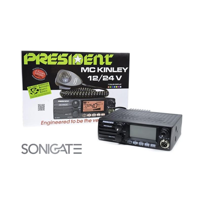Rádio CB President McKINLEY 27 MHz com modulação AM/FM, interface simples e compatibilidade com acessórios padrão. Ideal para comunicações em veículos e estações fixas.