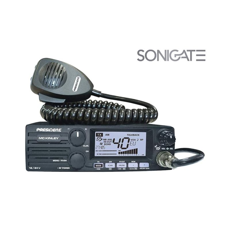 Rádio CB President McKINLEY 27 MHz com modulação AM/FM, interface simples e compatibilidade com acessórios padrão. Ideal para comunicações em veículos e estações fixas.
