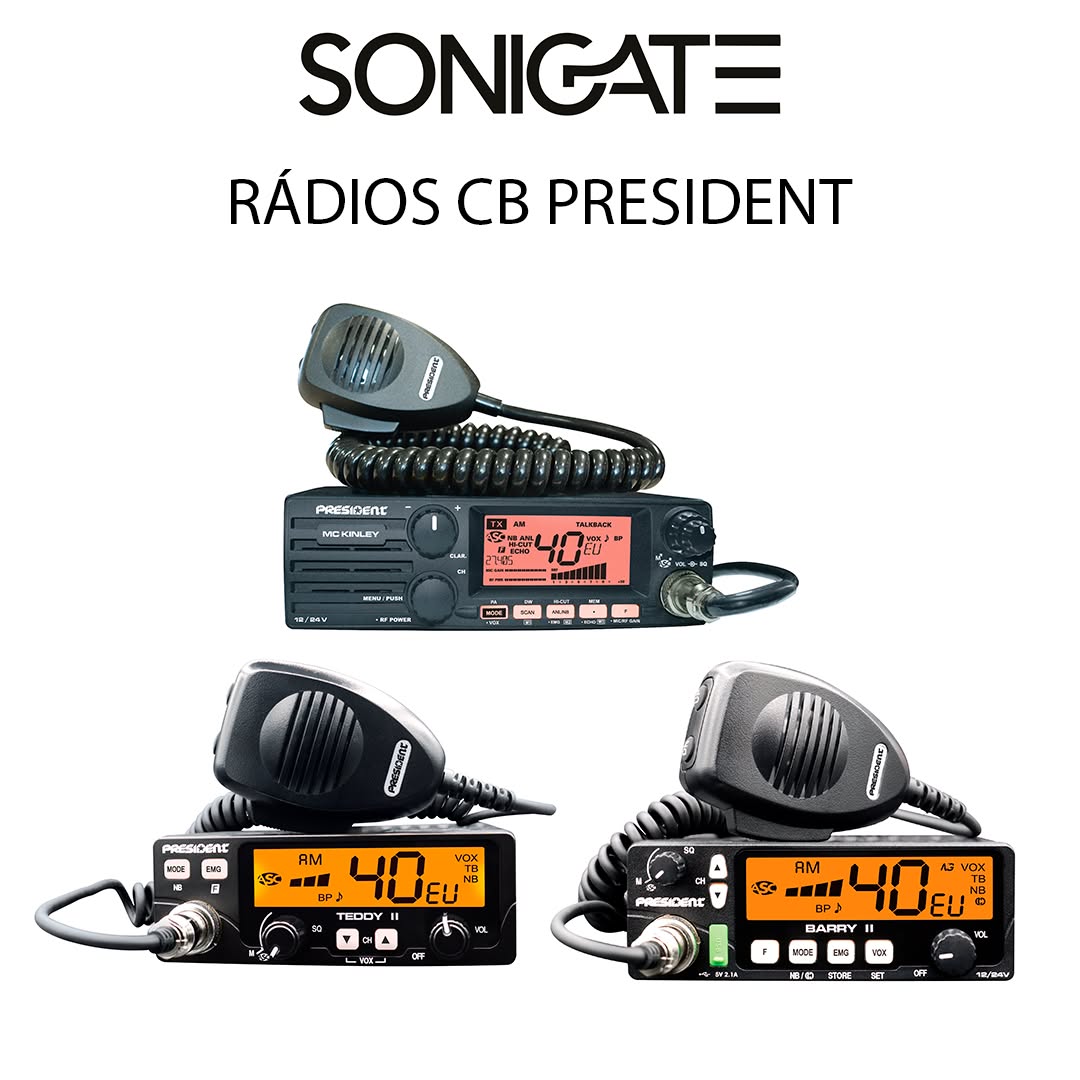 Rádio CB President McKINLEY 27 MHz com modulação AM/FM, interface simples e compatibilidade com acessórios padrão. Ideal para comunicações em veículos e estações fixas.