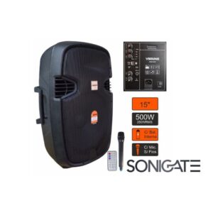 Coluna amplificada trolley 12″ 500W VSSPORT25V. Som potente, portátil e autónomo para eventos e animação.
