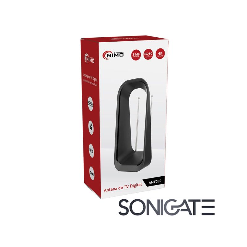 Antena TDT interior amplificada NIMO ANT030 para melhor recepção de canais de televisão digital terrestre (UHF/VHF). Instalação simples e sinal mais estável. SoNIGATE LEIRITRONICA LEIRIA OUREM MARINHA GRANDE